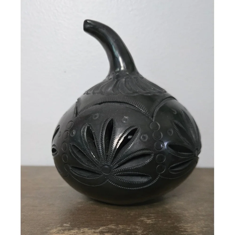 Hand Carved Black Clay Pumpkin Luminary Barro Negro Style Candle Holder 5.5